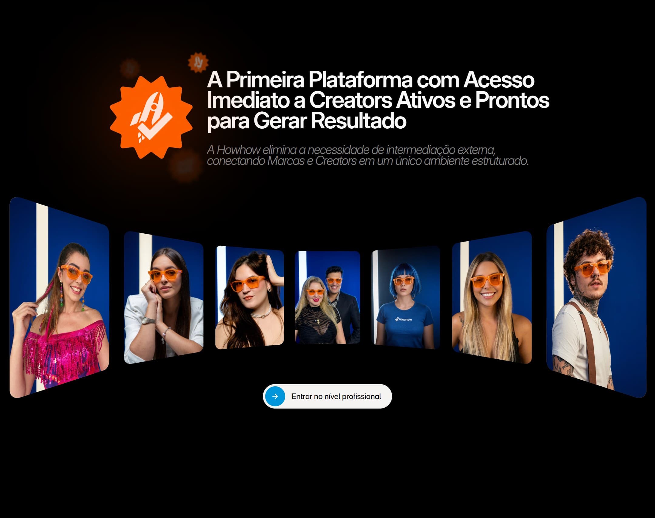 Seção com carrossel de creators usando óculos laranja