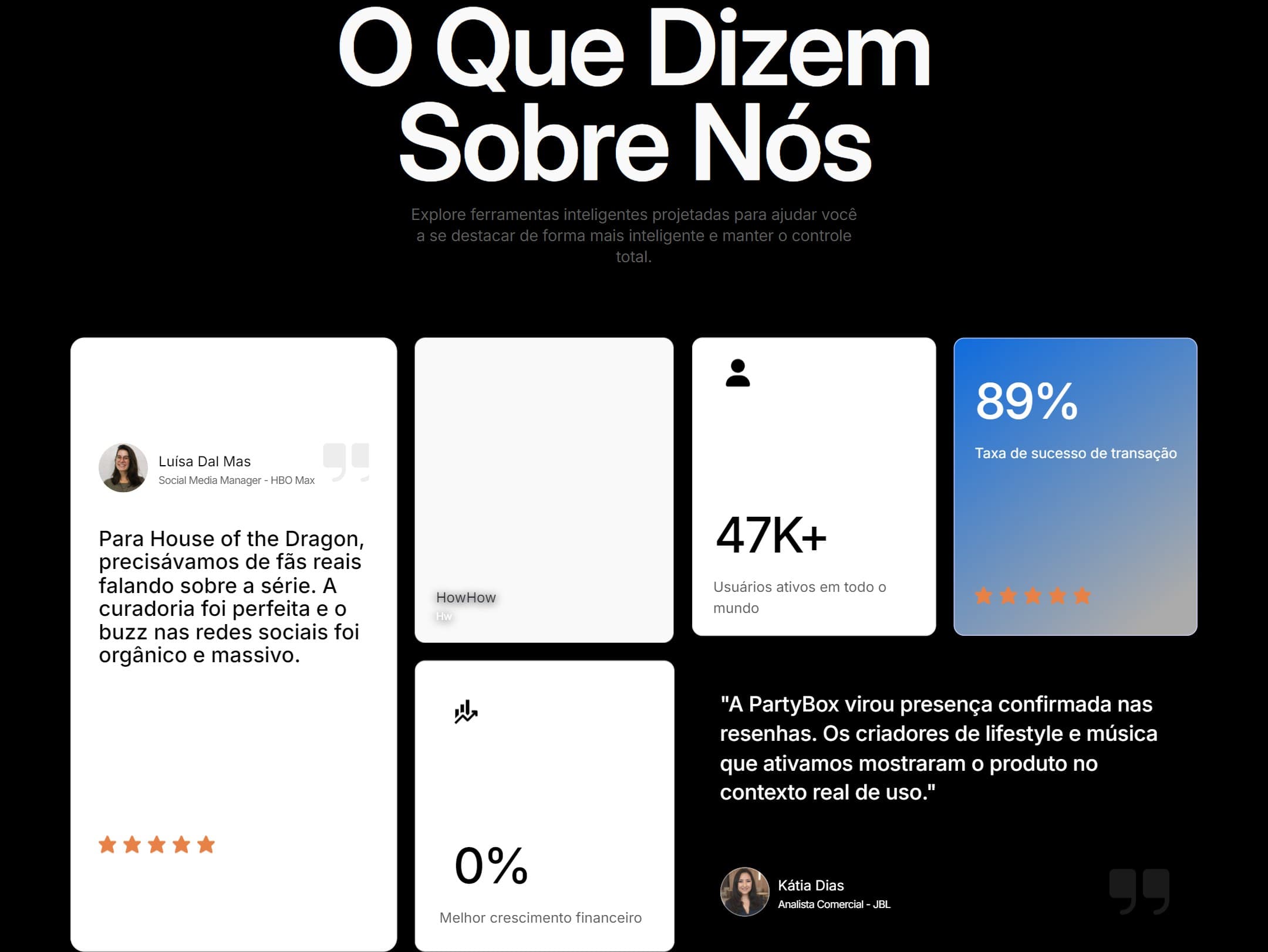 Seção de depoimentos e métricas