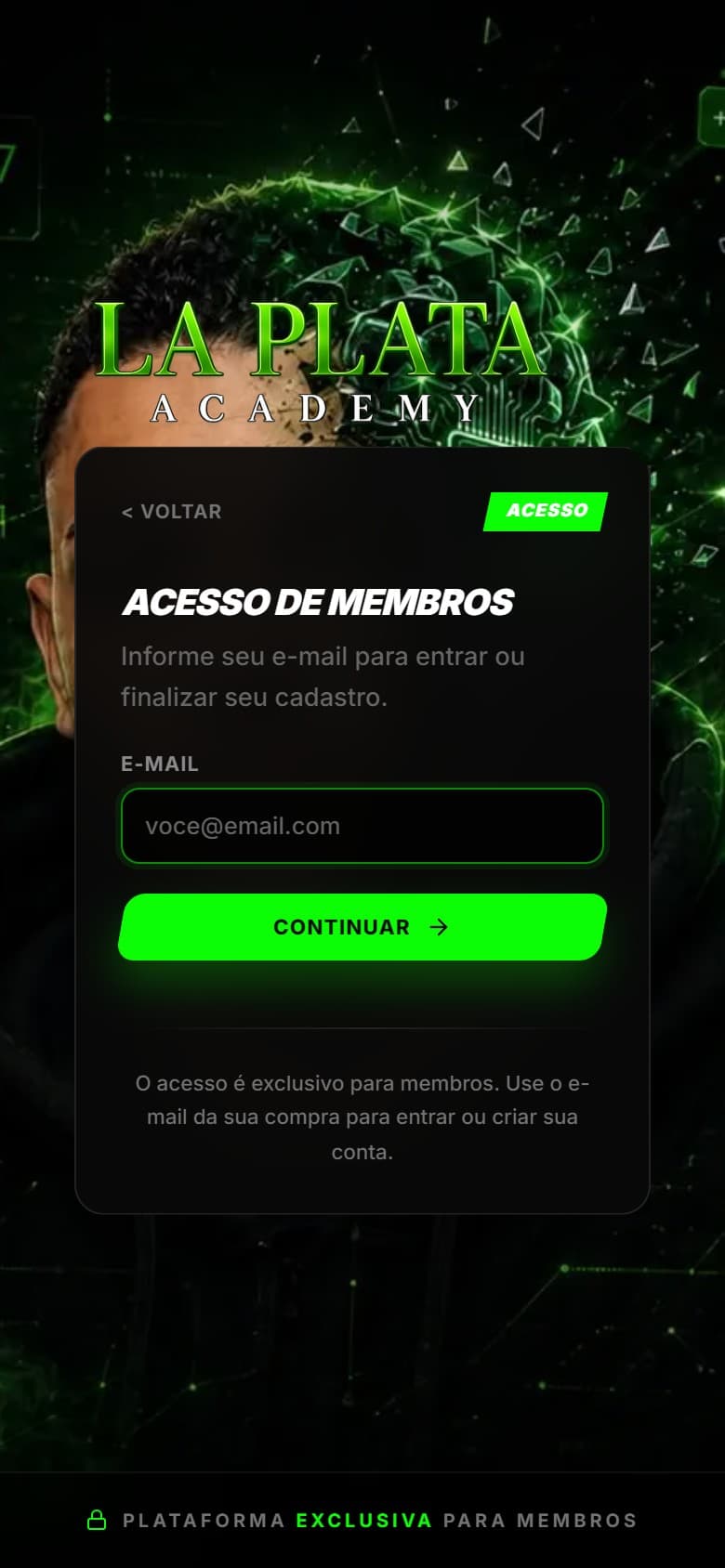 Tela de acesso no celular